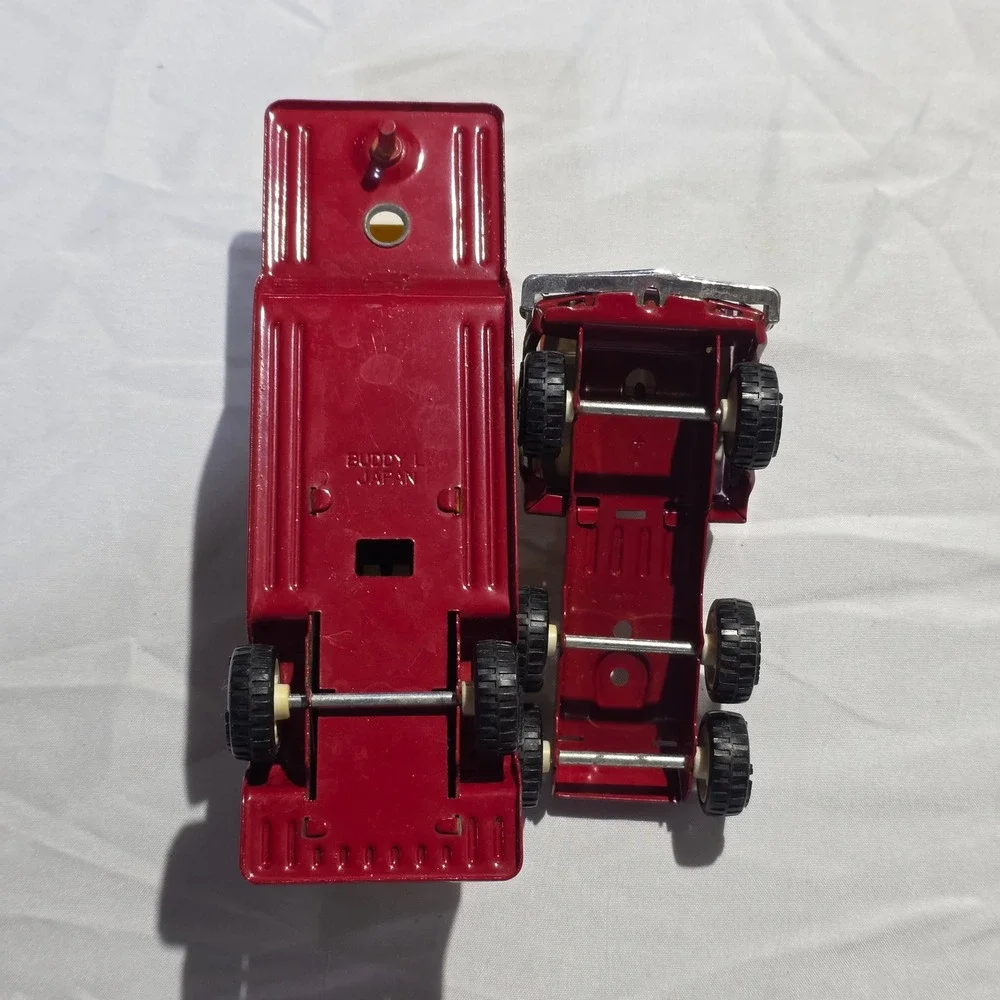 Vintage Buddy L Fire Truck BLFD Red Pressed Steel Aerial Ladder Made in Japan